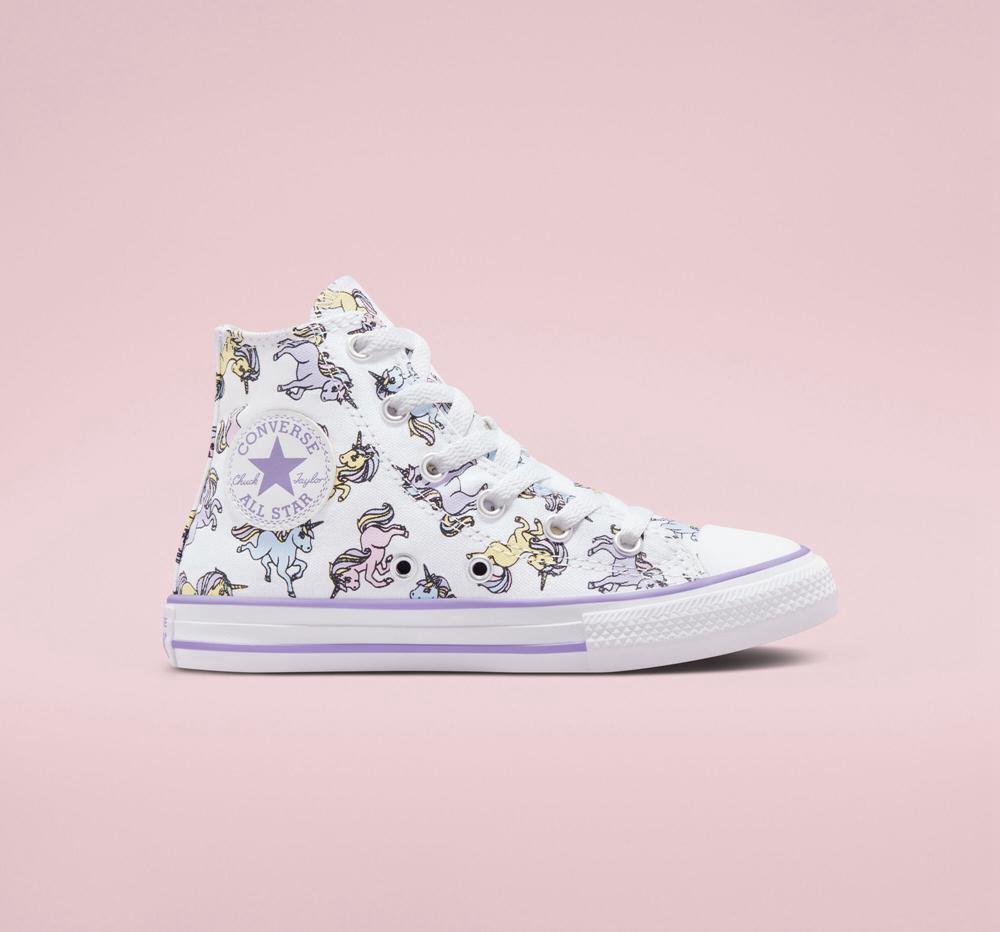 White / Moonstone Violet Girls' Converse Chuck Taylor All Star Unicorns Little Kids High Tops India | QKAB-35247