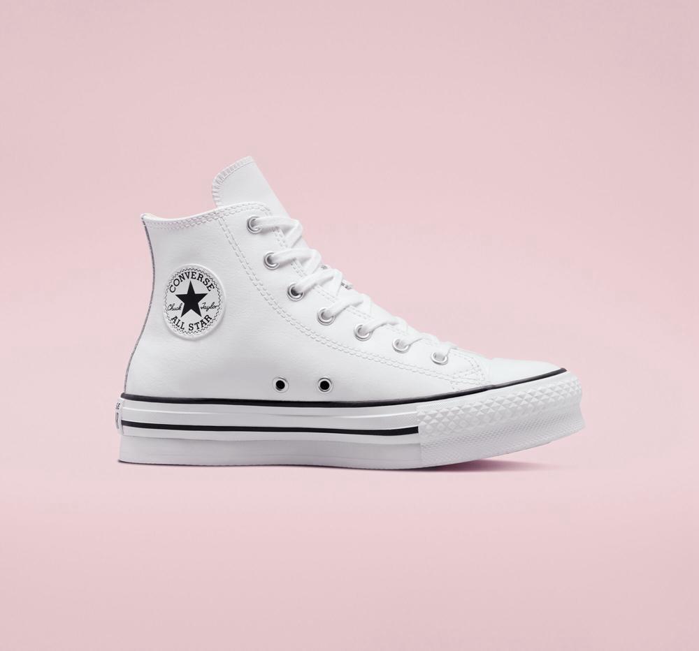 White / Natural Ivory / Black Boys' Converse Chuck Taylor All Star Lift Platform Leather Big Kids High Tops India | AMEX-20593