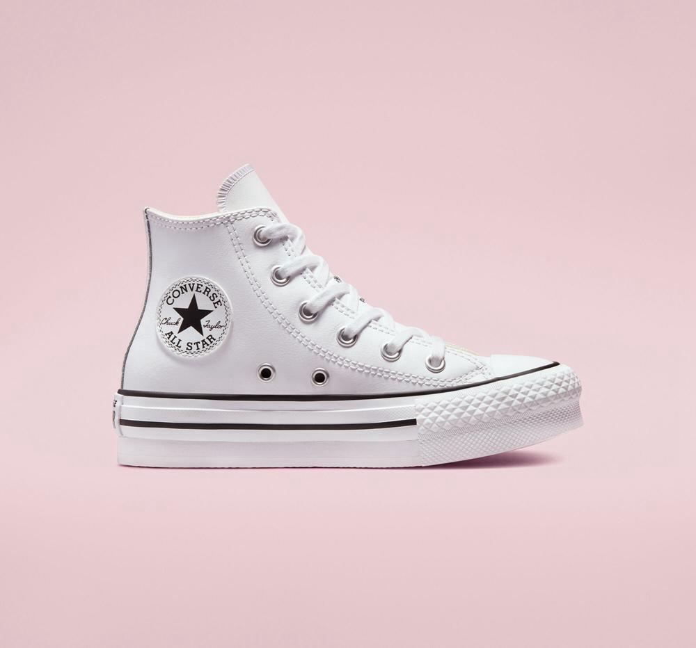 White / Natural Ivory / Black Girls' Converse Chuck Taylor All Star Lift Platform Leather Little Kids High Tops India | IXYR-72159