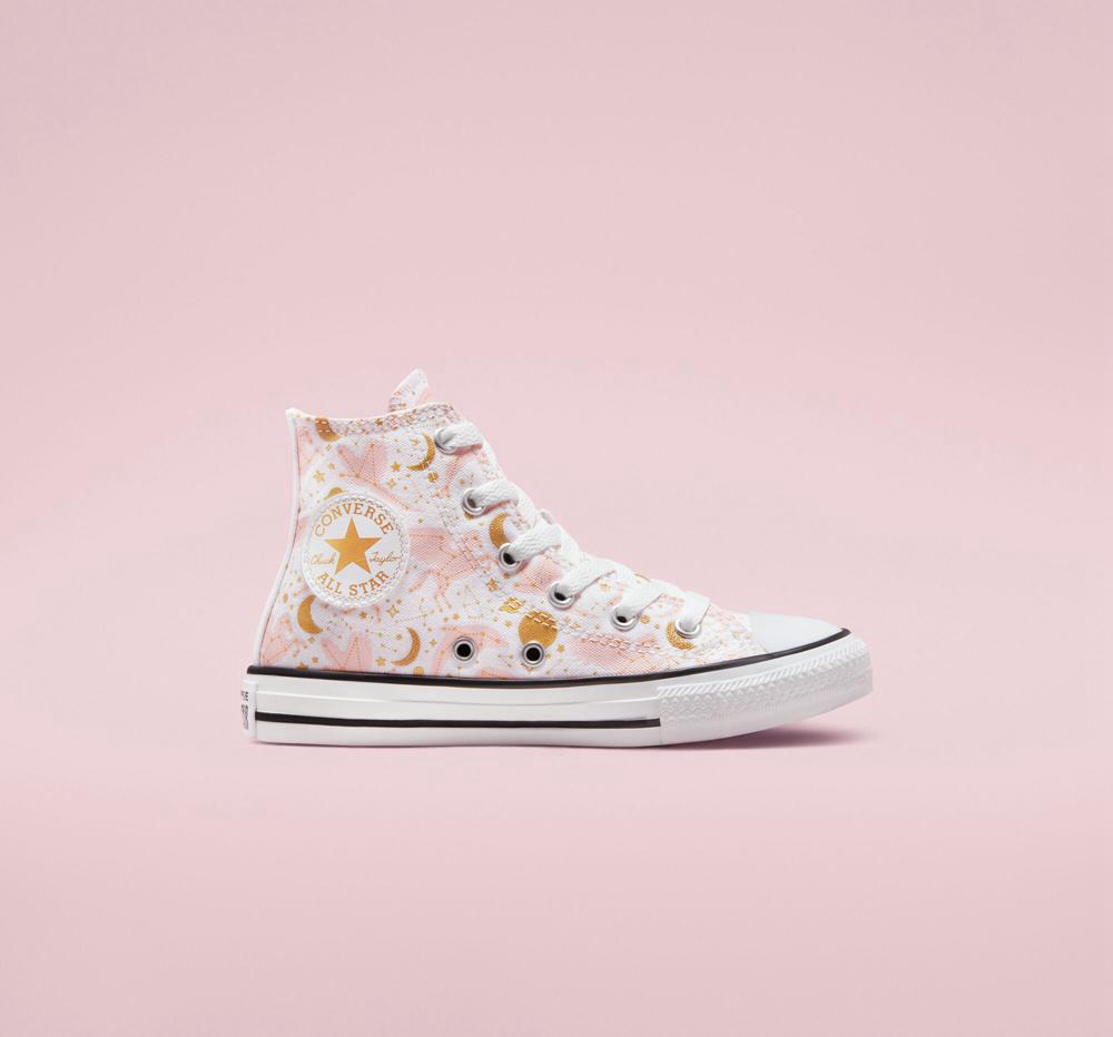 White / Storm Pink / Gold Girls' Converse Chuck Taylor All Star Constellations Big Kids High Tops India | WNQF-21958