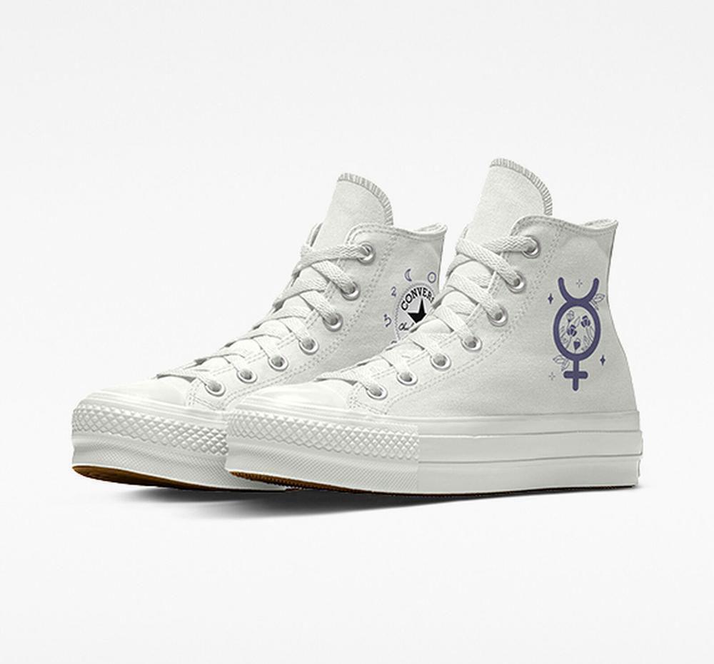 White Women's Converse Custom Chuck Taylor All Star Lift Planets By You Unisex High Top Platform Shoes India | PUSG-76019