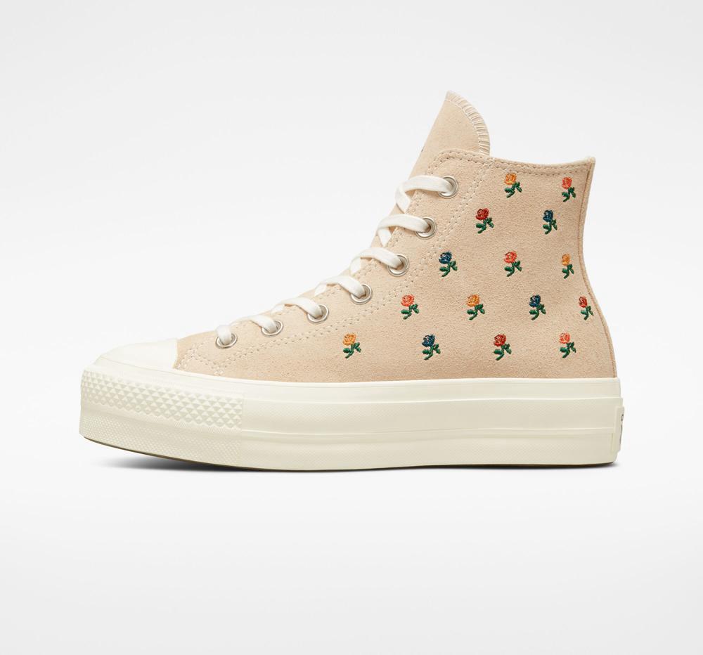 Beige Farro / Egret / Midnight Clover Women's Converse Chuck Taylor All Star Lift Embroidered Roses High Top Platform Shoes  India |  OKXH-65910