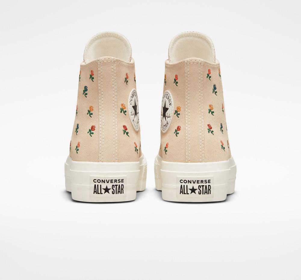 Beige Farro / Egret / Midnight Clover Women's Converse Chuck Taylor All Star Lift Embroidered Roses High Top Platform Shoes  India |  OKXH-65910