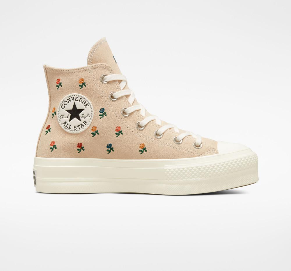 Beige Farro / Egret / Midnight Clover Women\'s Converse Chuck Taylor All Star Lift Embroidered Roses High Top Platform Shoes  India |  OKXH-65910