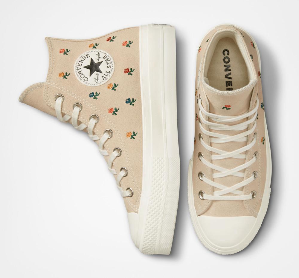 Beige Farro / Egret / Midnight Clover Women's Converse Chuck Taylor All Star Lift Platform Embroidered Roses High Tops  India |  ORAT-35701