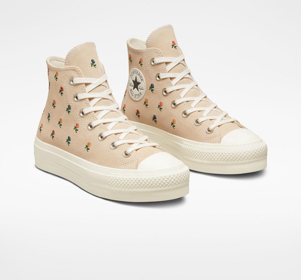 Beige Farro / Egret / Midnight Clover Women's Converse Chuck Taylor All Star Lift Platform Embroidered Roses High Tops  India |  ORAT-35701