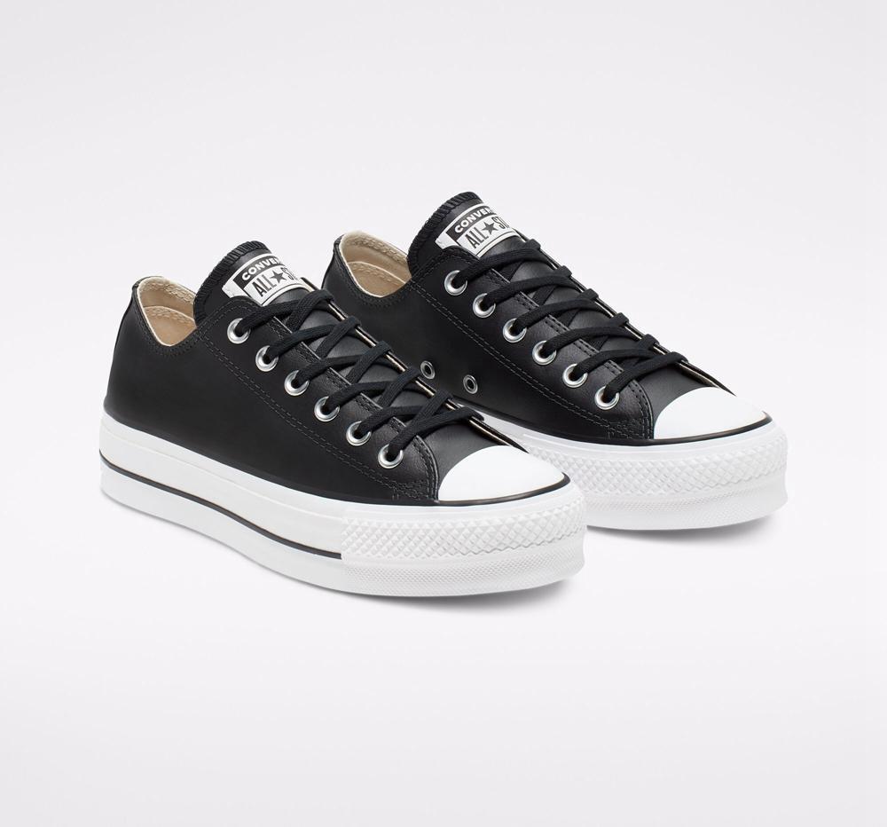 Black / Black / White Women's Converse Chuck Taylor All Star Lift Platform Leather Low Tops  India |  LHJK-69345