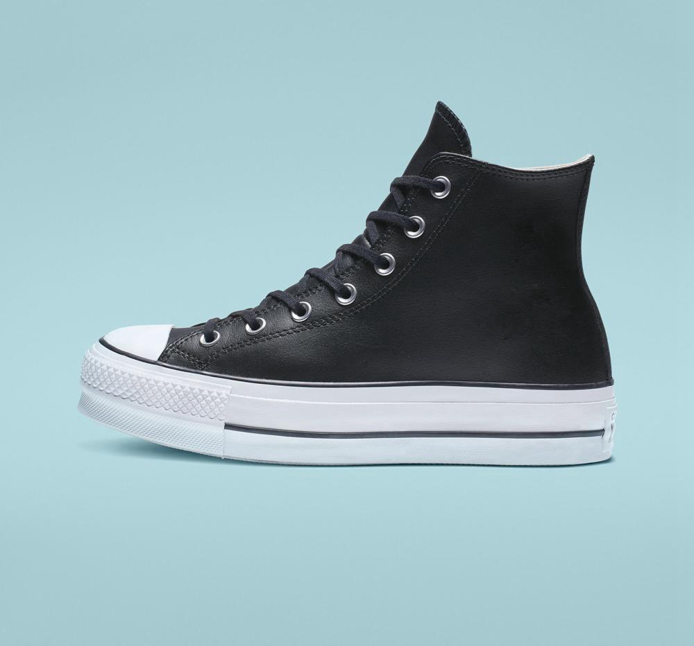 Black / Black / White Women's Converse Chuck Taylor All Star Lift Platform Leather High Tops  India |  VJQX-91743