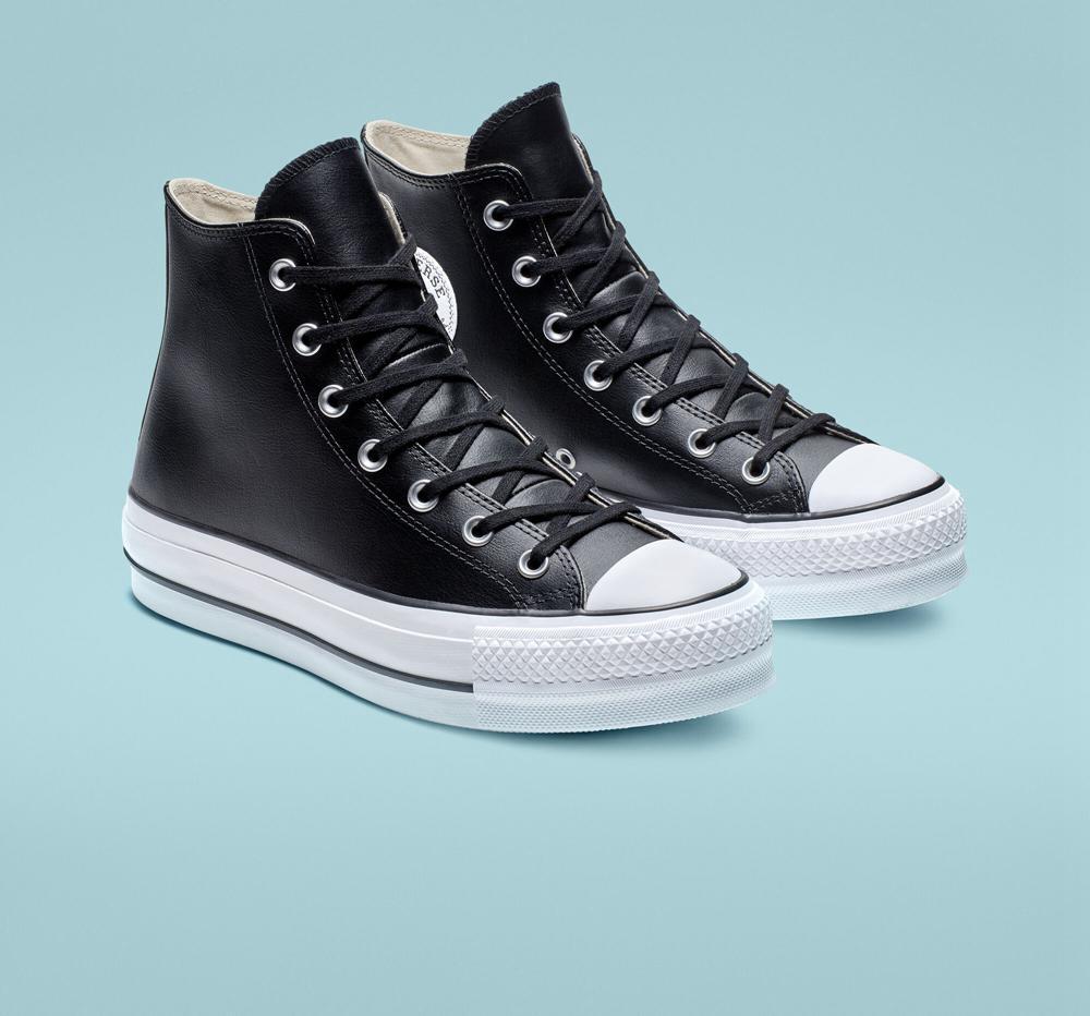 Black / Black / White Women's Converse Chuck Taylor All Star Lift Platform Leather High Tops  India |  VJQX-91743