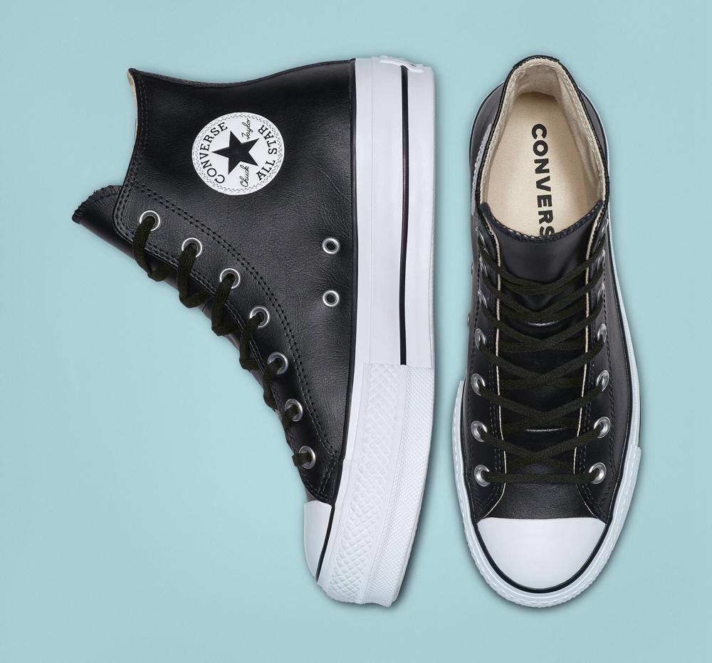 Black / Black / White Women's Converse Chuck Taylor All Star Lift Platform Leather High Tops  India |  VJQX-91743