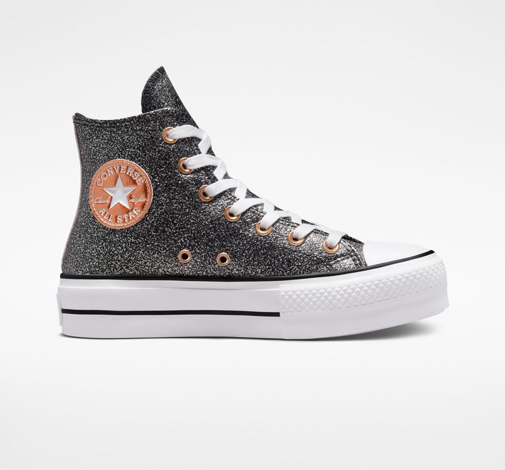 Black / Copper / White Women\'s Converse Chuck Taylor All Star Lift Metallic Glitter High Top Platform Shoes  India |  AYSN-59173