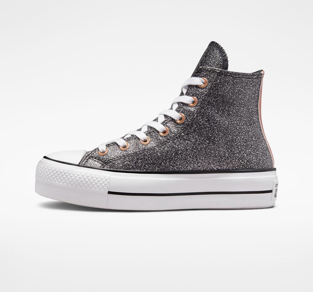 Black / Copper / White Women's Converse Chuck Taylor All Star Lift Platform Metallic Glitter High Tops  India |  RJEC-25308