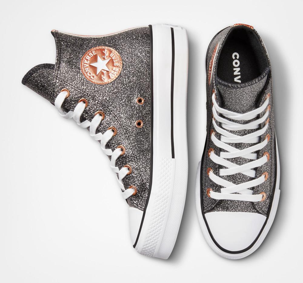 Black / Copper / White Women's Converse Chuck Taylor All Star Lift Platform Metallic Glitter High Tops  India |  RJEC-25308