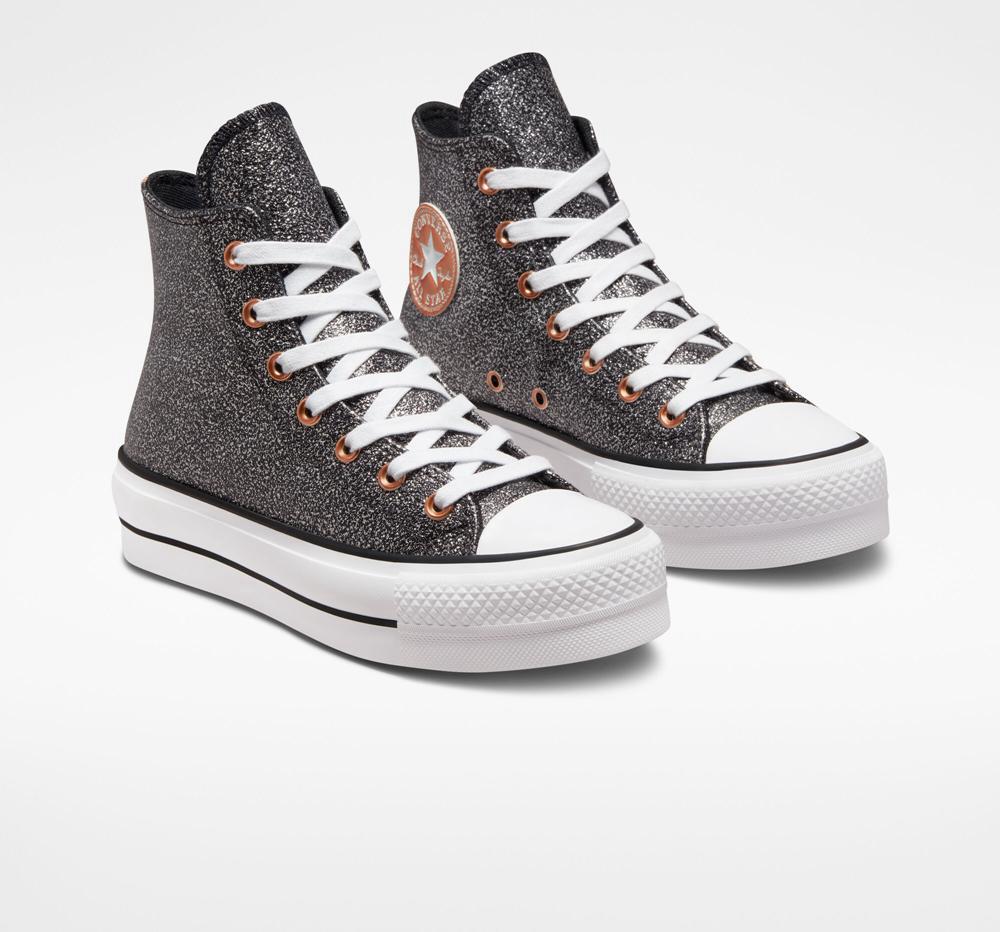 Black / Copper / White Women's Converse Chuck Taylor All Star Lift Platform Metallic Glitter High Tops  India |  RJEC-25308