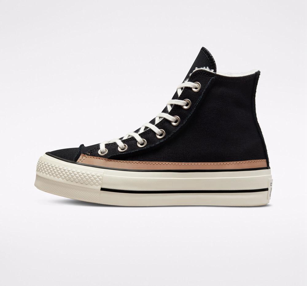 Black / Egret / Champagne Tan Women's Converse Chuck Taylor All Star Lift Raw Edge High Top Platform Shoes  India |  EWTU-65970