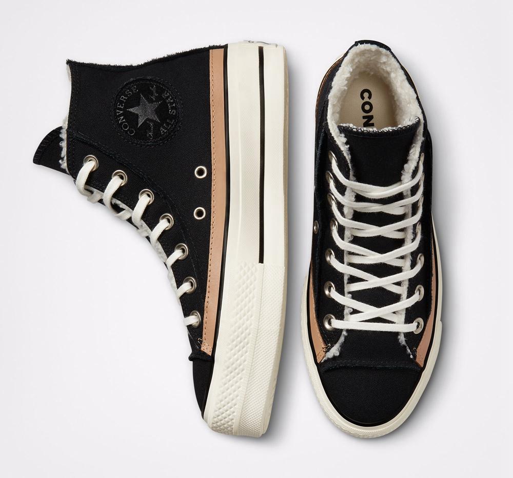 Black / Egret / Champagne Tan Women's Converse Chuck Taylor All Star Lift Raw Edge High Top Platform Shoes  India |  EWTU-65970