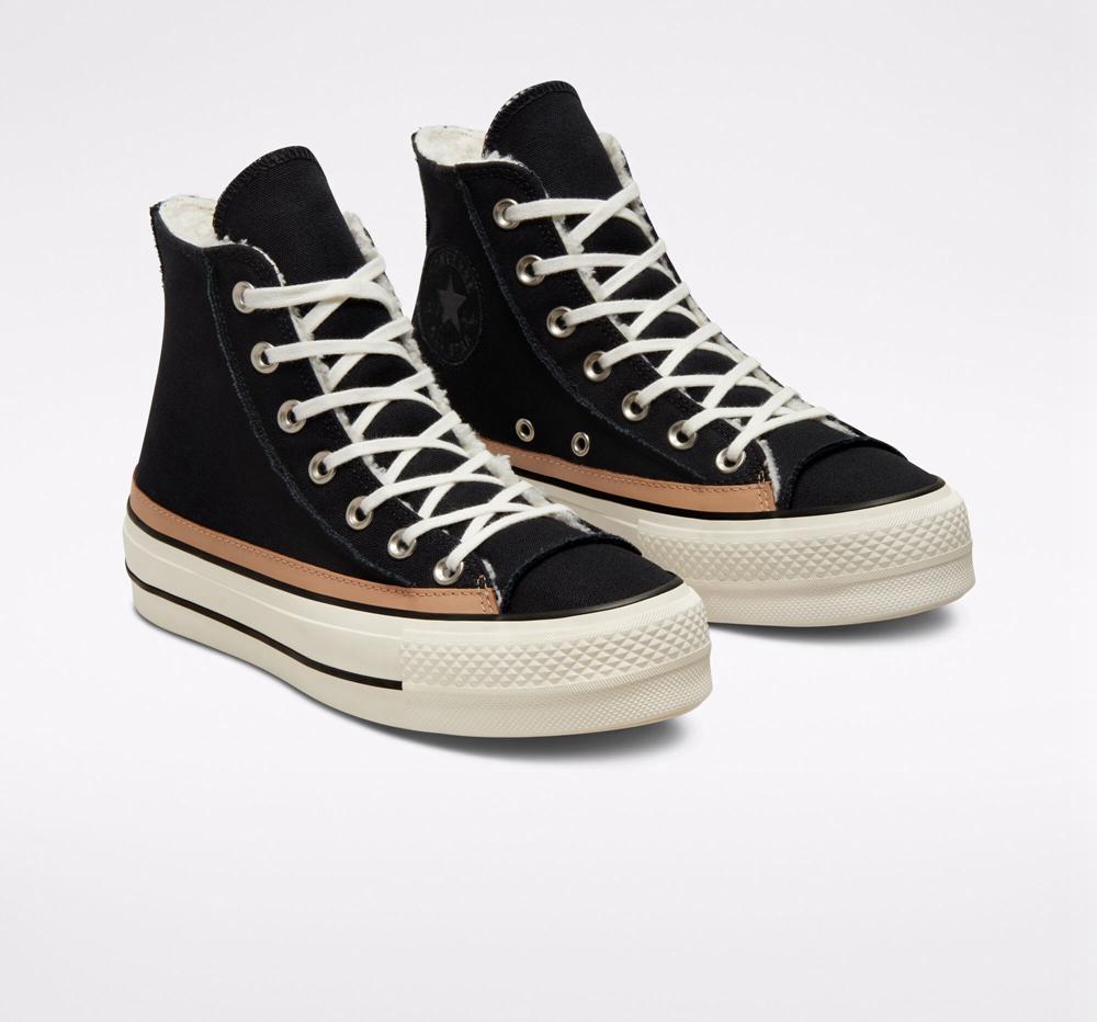 Black / Egret / Champagne Tan Women's Converse Chuck Taylor All Star Lift Raw Edge High Top Platform Shoes  India |  EWTU-65970