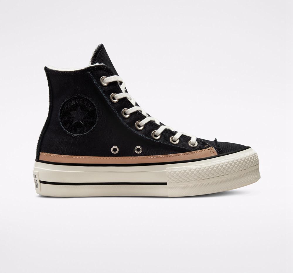 Black / Egret / Champagne Tan Women\'s Converse Chuck Taylor All Star Lift Raw Edge High Top Platform Shoes  India |  EWTU-65970