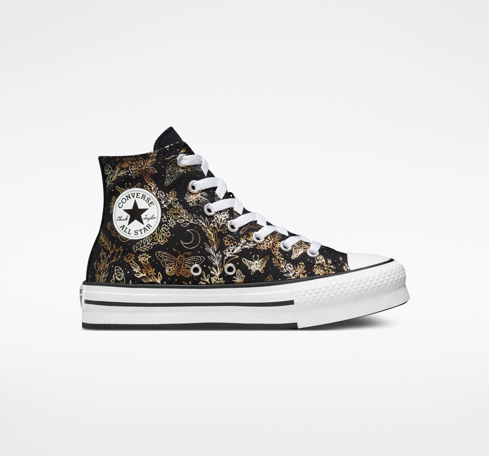 Black / Gold / White Girls\' Converse Chuck Taylor All Star Eva Lift Platform Butterfly Shine Big Kids High Tops  India |  PRYM-25796