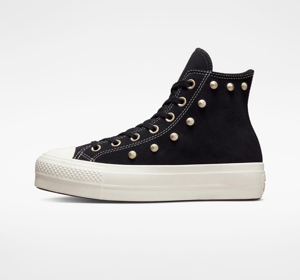 Black / Light Gold / Egret Women's Converse Chuck Taylor All Star Lift Suede Studs High Top Platform Shoes  India |  MWQP-09863