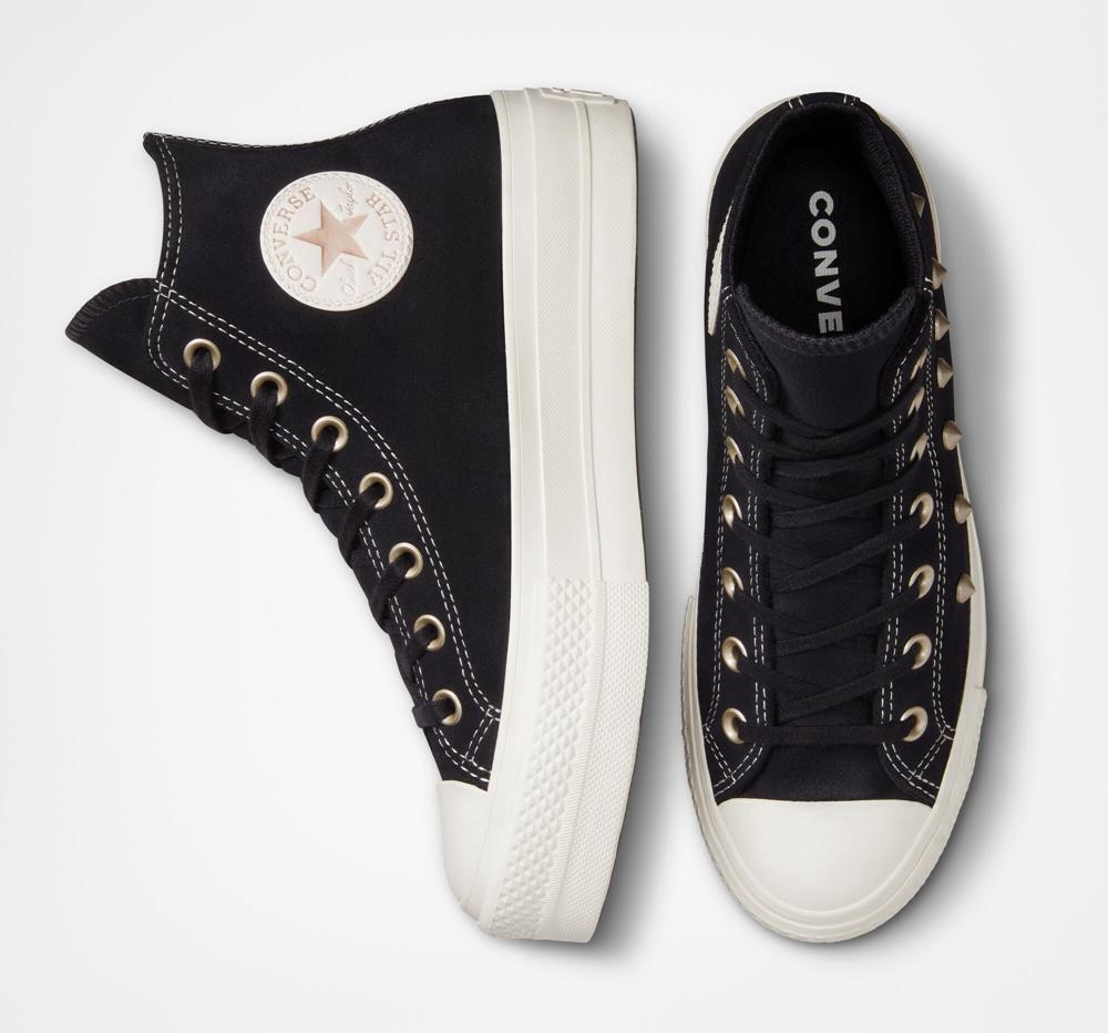 Black / Light Gold / Egret Women's Converse Chuck Taylor All Star Lift Suede Studs High Top Platform Shoes  India |  MWQP-09863