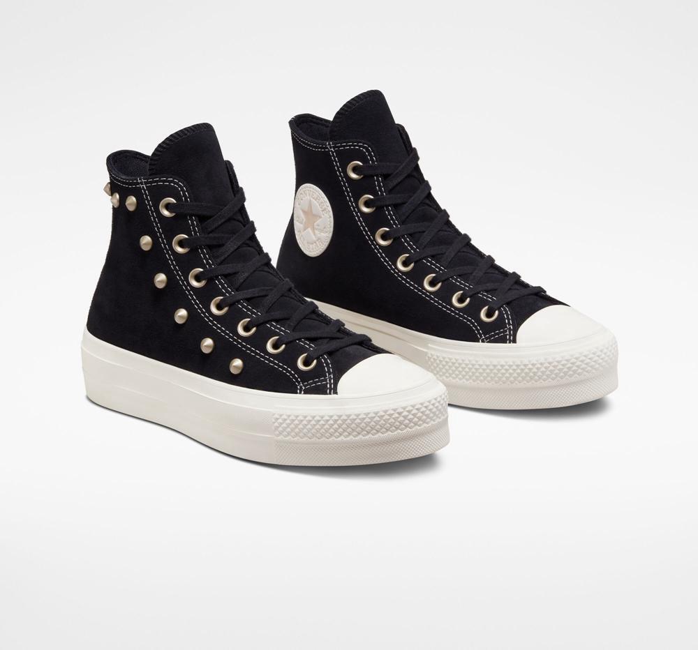 Black / Light Gold / Egret Women's Converse Chuck Taylor All Star Lift Suede Studs High Top Platform Shoes  India |  MWQP-09863