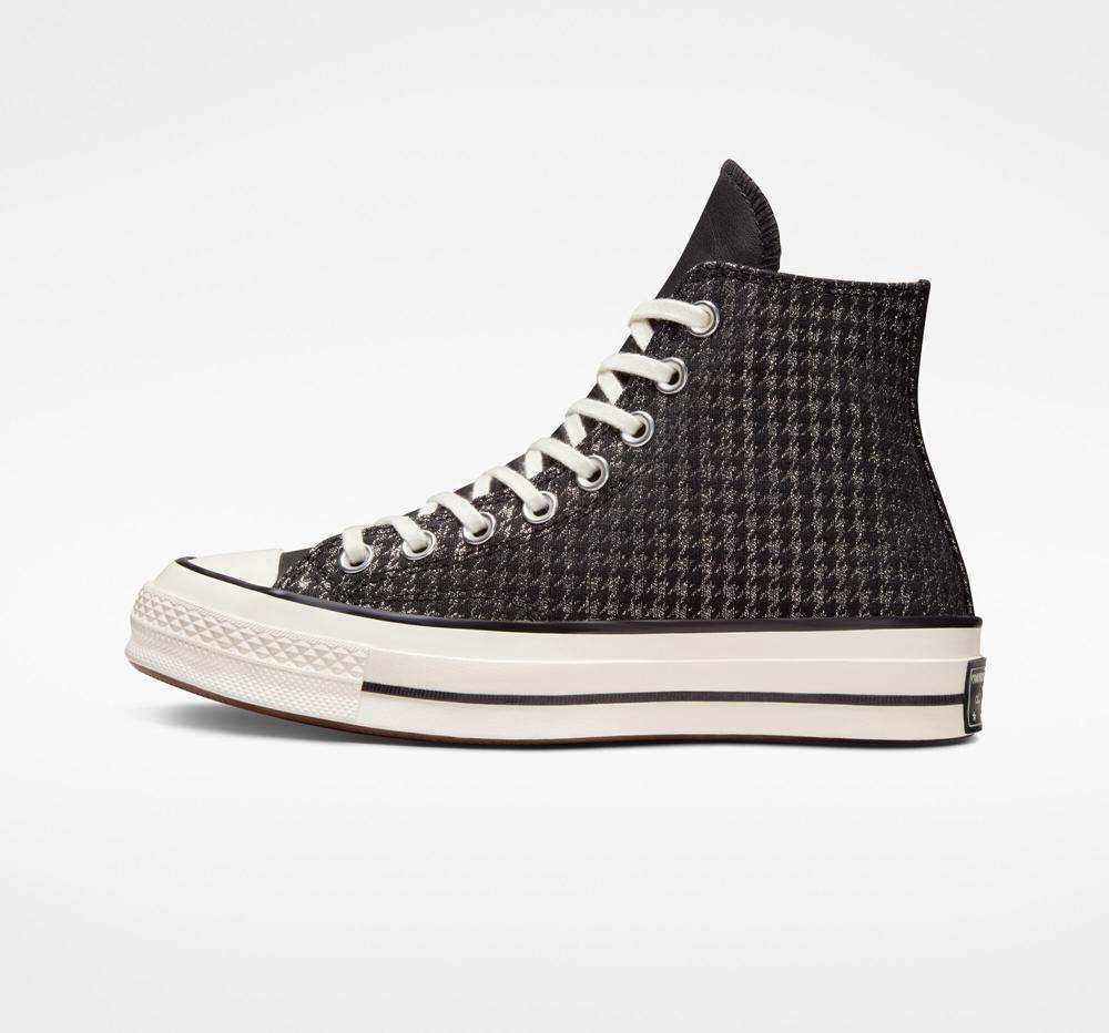 Black / Pure Silver / Egret Women's Converse Chuck 70 Houndstooth Shine High Tops  India |  EXVP-50981