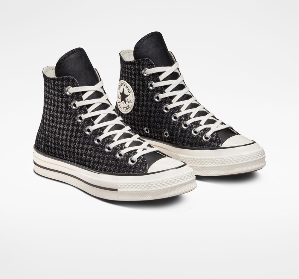 Black / Pure Silver / Egret Women's Converse Chuck 70 Houndstooth Shine High Tops  India |  EXVP-50981