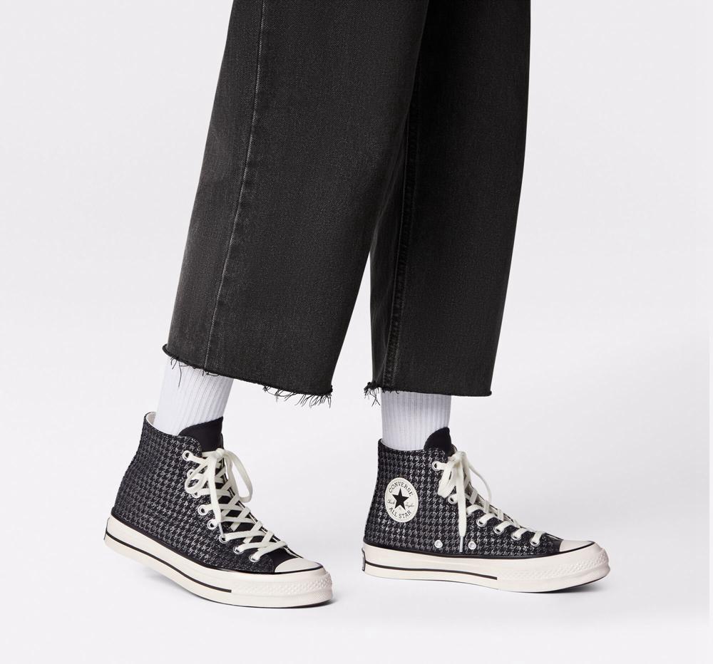 Black / Pure Silver / Egret Women's Converse Chuck 70 Houndstooth Shine High Tops  India |  EXVP-50981