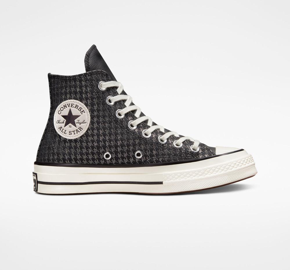 Black / Pure Silver / Egret Women\'s Converse Chuck 70 Houndstooth Shine High Tops  India |  EXVP-50981