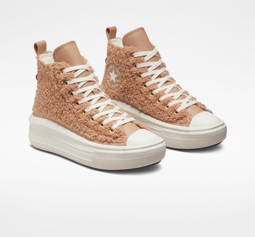 Coral Champagne Tan / Egret / Egret Women's Converse Chuck Taylor All Star Move Sherpa High Top Platform Shoes  India |  PJUD-34596