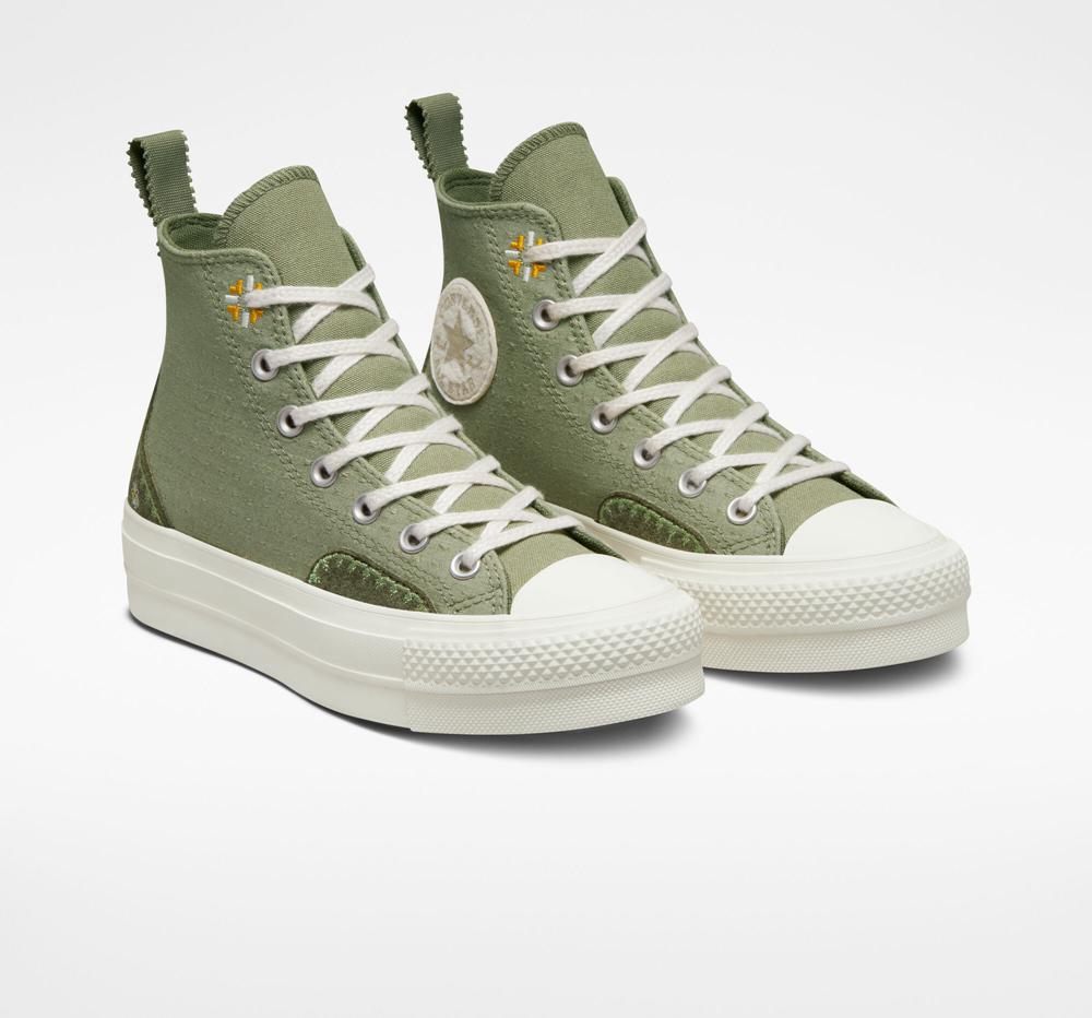 Green Light Field Surplus / Utility Women's Converse Chuck Taylor All Star Lift Platform Autumn Embroidery High Tops  India |  QRBL-13789