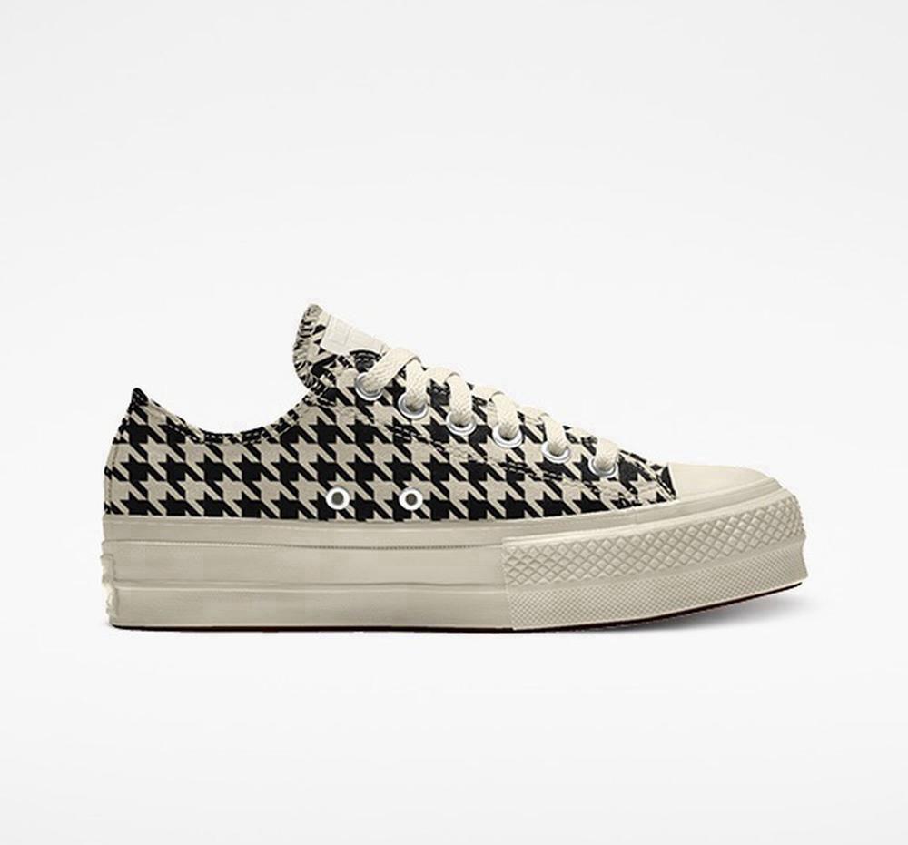 Hounds Tooth Black / Beige Women\'s Converse Custom Chuck Taylor All Star Lift Canvas By You Unisex Low Top Platform Shoes  India |  CQRL-71340