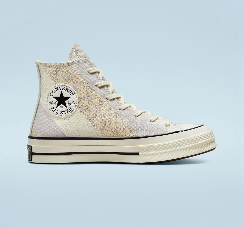 Khaki Pale Putty / Egret / Black Women\'s Converse Chuck 70 Embroidered Floral High Tops  India |  UGNI-30785