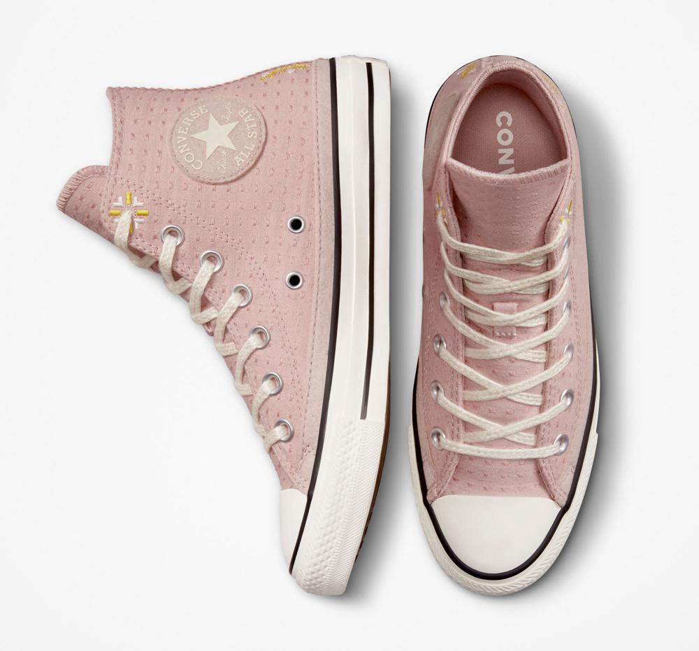 Pink Stone Mauve / Bitter Lemon / Egret Women's Converse Chuck Taylor All Star Autumn Embroidery High Tops  India |  AUBE-54712