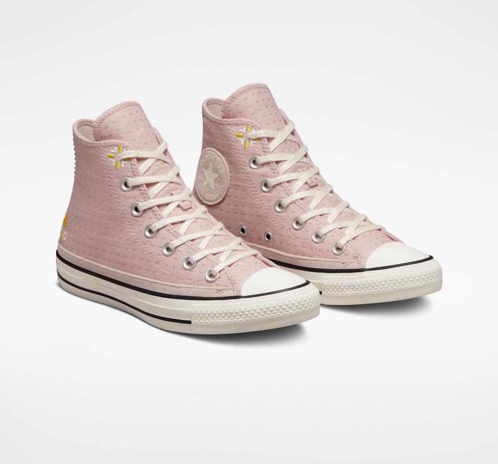 Pink Stone Mauve / Bitter Lemon / Egret Women's Converse Chuck Taylor All Star Autumn Embroidery High Tops  India |  AUBE-54712