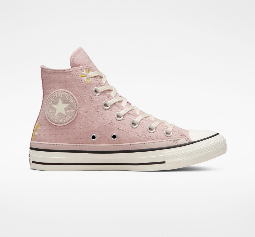 Pink Stone Mauve / Bitter Lemon / Egret Women\'s Converse Chuck Taylor All Star Autumn Embroidery High Tops  India |  AUBE-54712