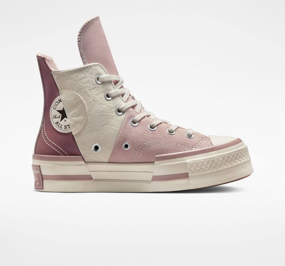 Pink Stone Mauve / Desert Sand / Saddle Women\'s Converse Chuck 70 Plus Mixed Materials Unisex High Top Platform Shoes  India |  DUFR-05873