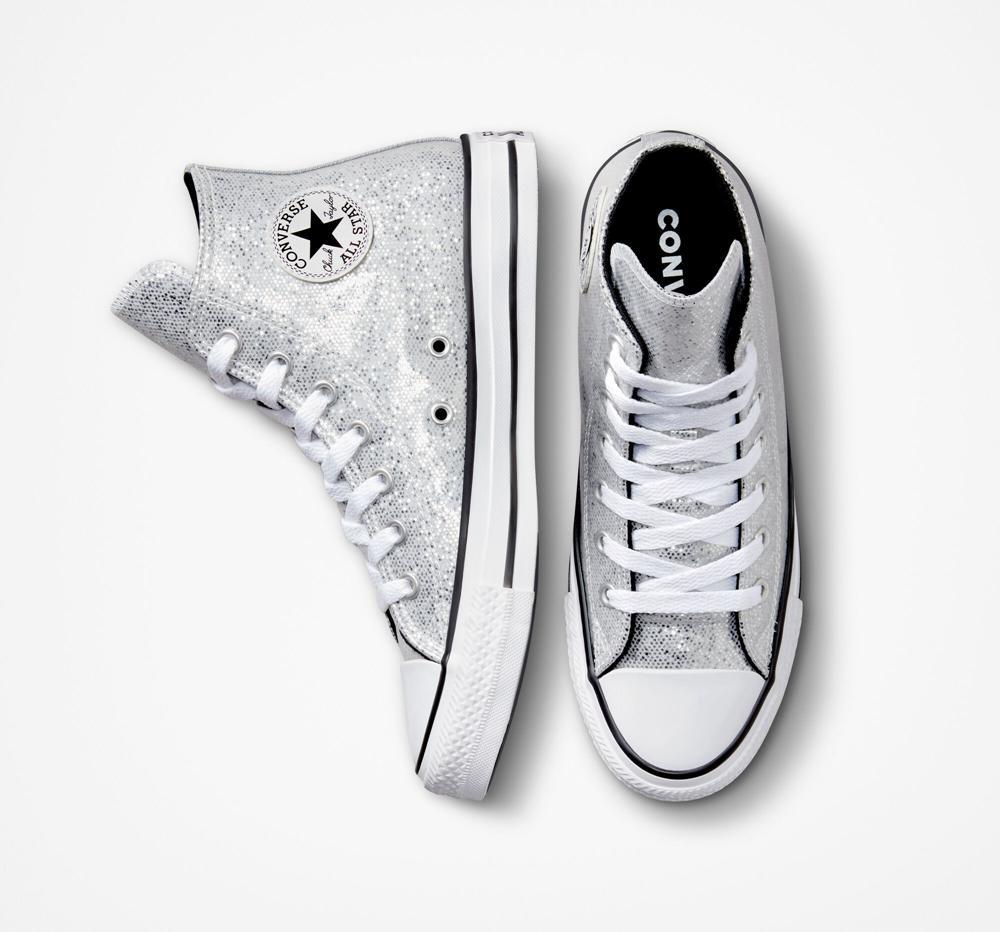 Silver / Ash Stone / Black Girls' Converse Chuck Taylor All Star Glitter Big Kids High Tops  India |  VRAE-32018