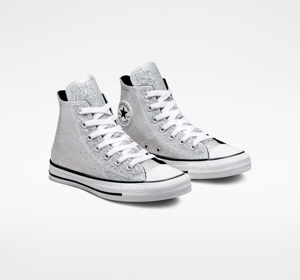 Silver / Ash Stone / Black Girls' Converse Chuck Taylor All Star Glitter Big Kids High Tops  India |  VRAE-32018