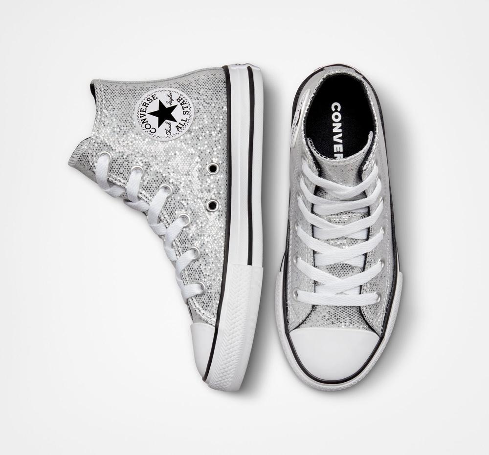 Silver / Ash Stone / Black Girls' Converse Chuck Taylor All Star Glitter Little Kids High Tops  India |  ZJUA-85931