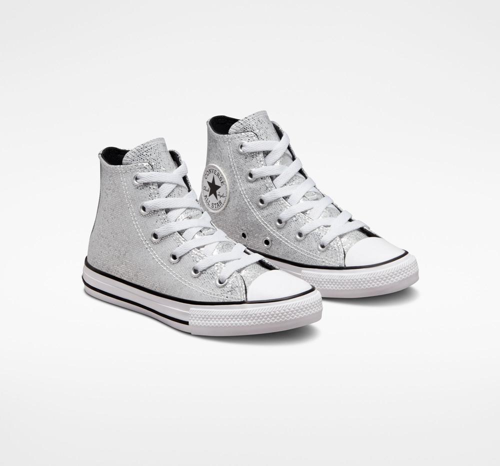 Silver / Ash Stone / Black Girls' Converse Chuck Taylor All Star Glitter Little Kids High Tops  India |  ZJUA-85931