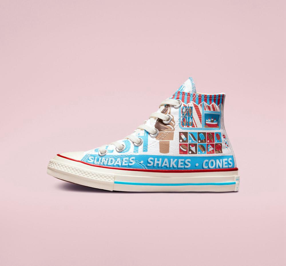 White / Baltic Blue / Soft Red Girls' Converse Chuck 70 Sweet Scoops Little Kids High Tops  India |  XAGM-75089