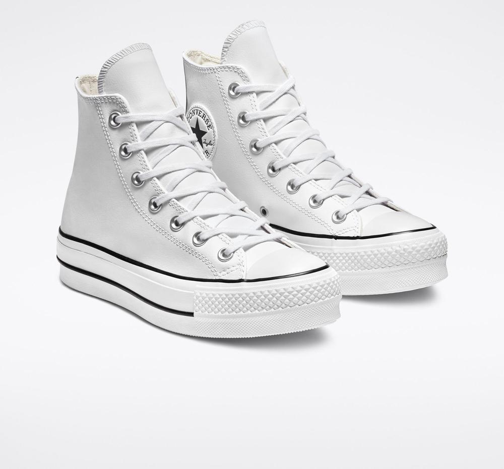 White / Black / White Women's Converse Chuck Taylor All Star Lift Platform Leather High Tops  India |  KQFL-37520