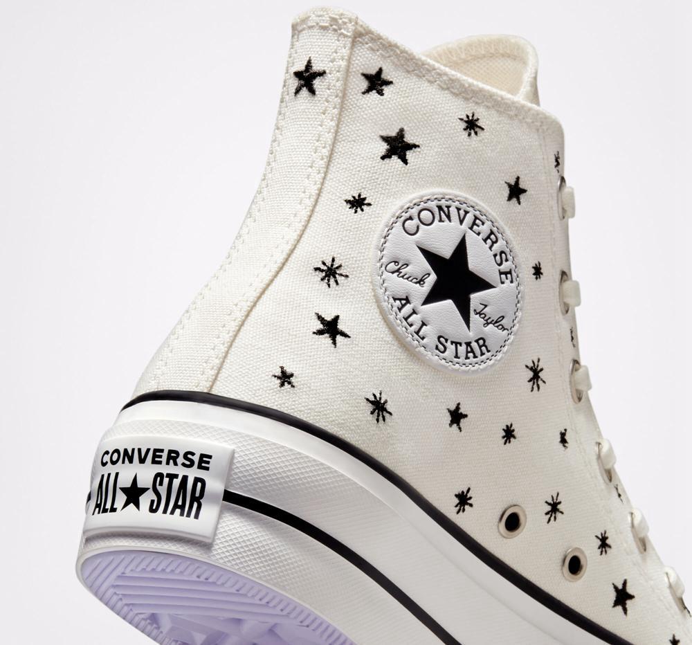 White Egret / Black / Moonstone Violet Women's Converse Chuck Taylor All Star Lift Platform Embroidered Stars High Tops  India |  KIXQ-64210