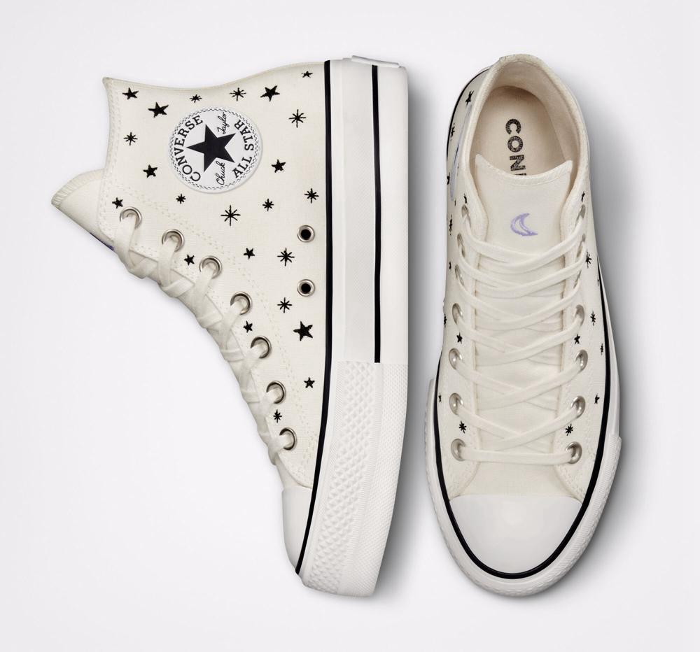 White Egret / Black / Moonstone Violet Women's Converse Chuck Taylor All Star Lift Platform Embroidered Stars High Tops  India |  KIXQ-64210