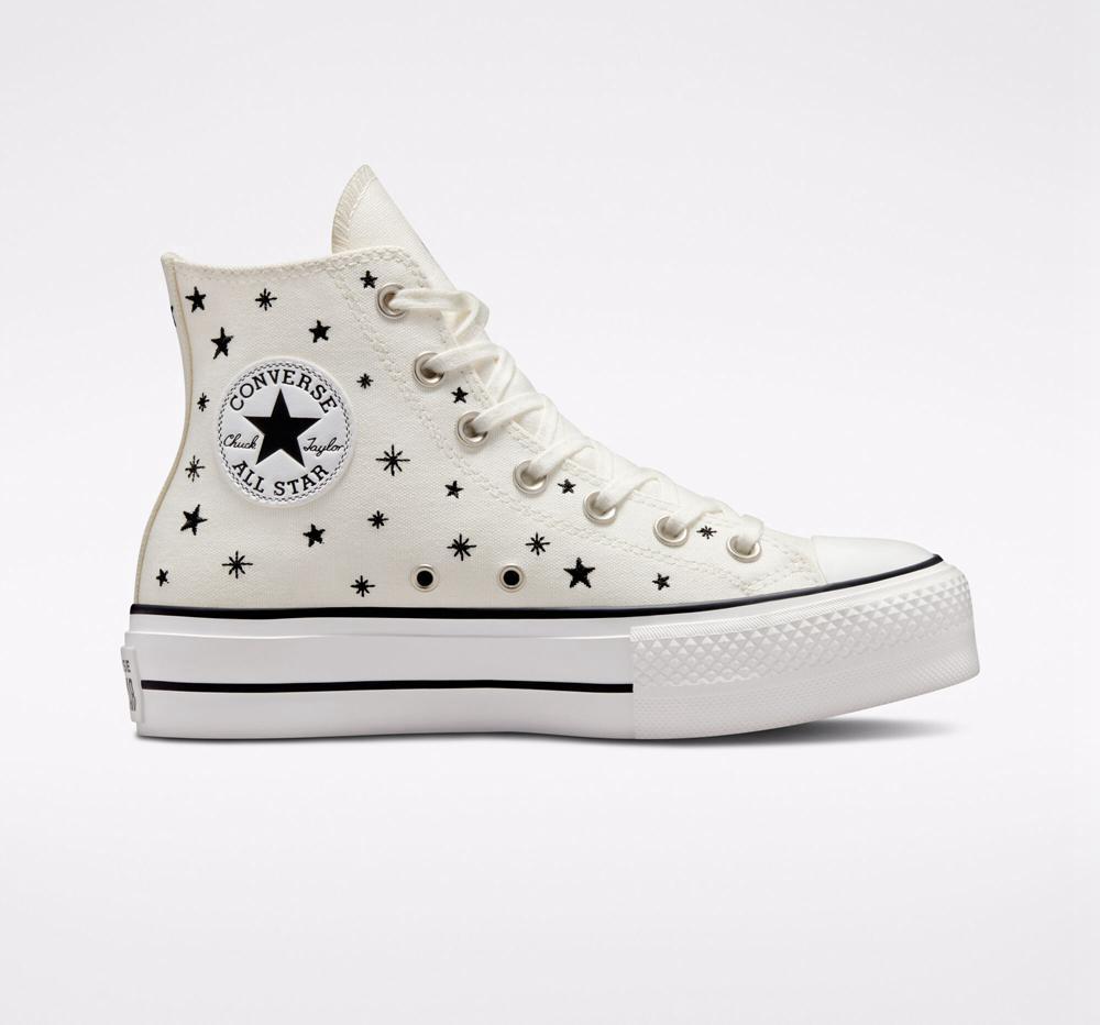 White Egret / Black / Moonstone Violet Women\'s Converse Chuck Taylor All Star Lift Platform Embroidered Stars High Tops  India |  KIXQ-64210