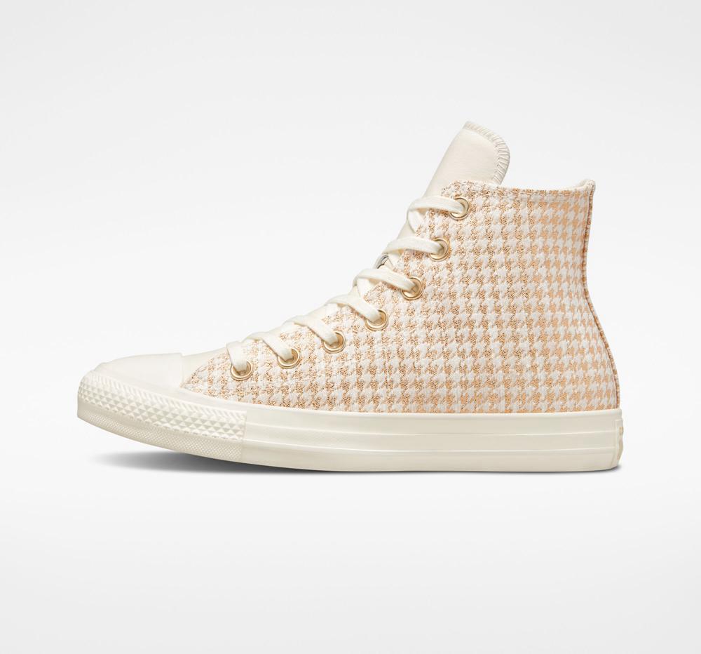 White Egret / Light Gold / Wgret Women's Converse Chuck Taylor All Star Houndstooth Shine High Tops  India |  ZPME-10743