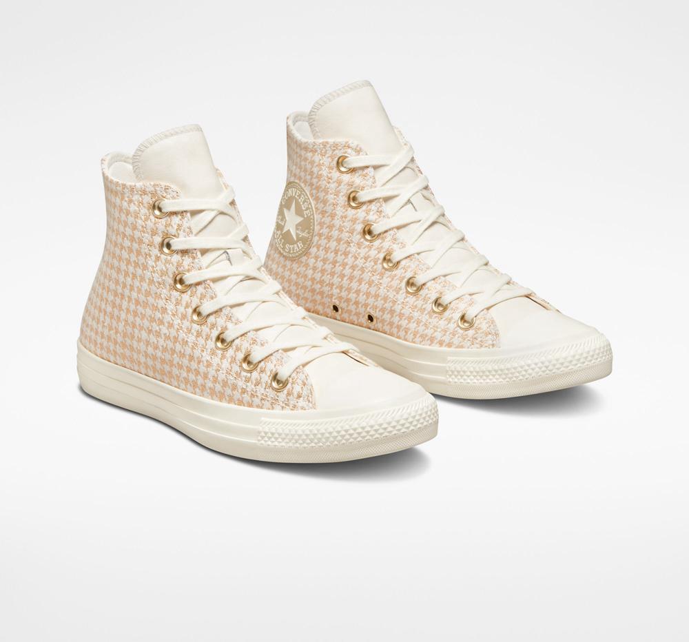 White Egret / Light Gold / Wgret Women's Converse Chuck Taylor All Star Houndstooth Shine High Tops  India |  ZPME-10743