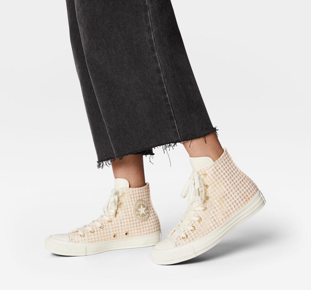 White Egret / Light Gold / Wgret Women's Converse Chuck Taylor All Star Houndstooth Shine High Tops  India |  ZPME-10743